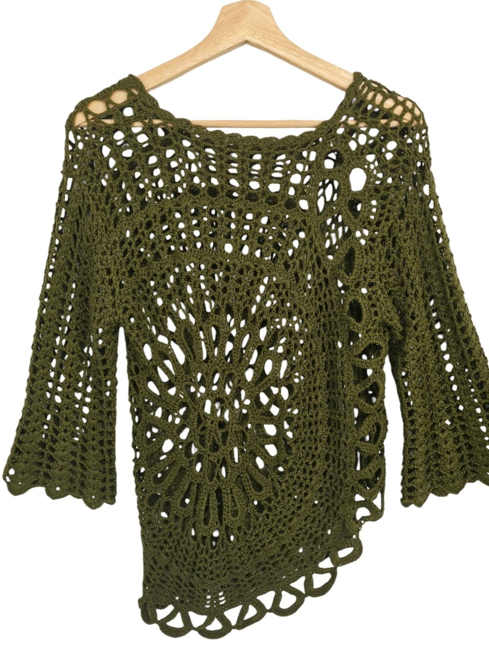 Vintage 90s Olive Crochet Asymmetrical Knit Top Bell Sleeve Boho Coastal Medium - Picture 10 of 10